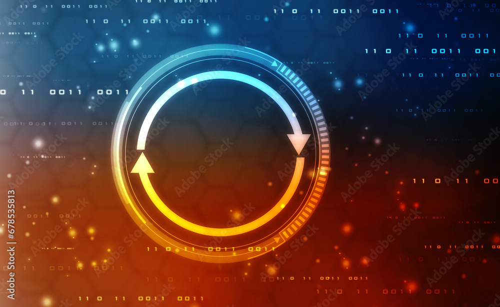 Poster update icon with binary codes on technology abstract background, update system upgrade software vers