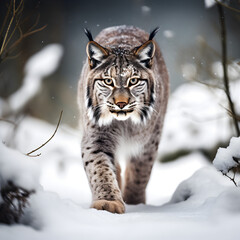 Obraz premium Lynx in the snow walking towards the camera. Generative ai. 