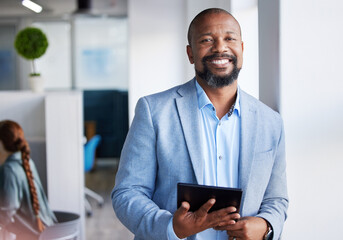 Happy black man, portrait and tablet in meeting for leadership, management or networking at office....