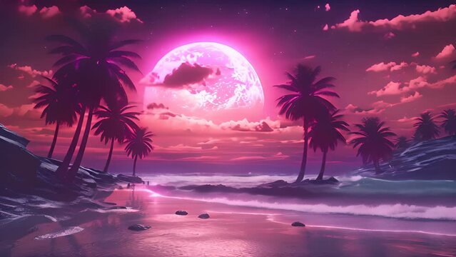 Vaporwave palm trees on the beach at sunset. Retrowave background. AI generated.
