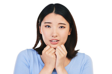 Asian woman, portrait and scared with surprise from announcement or news isolated on png...