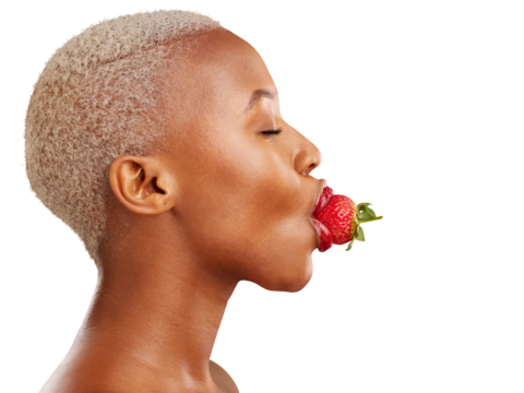Woman, strawberry and beauty with profile for skincare, wellness and healthy diet. African model, eyes closed and fruit in mouth on isolated or transparent png background for cosmetics for vitamin c - Powered by Adobe