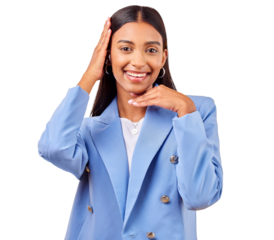 Business woman, hands and frame portrait for happy face, creative and perspective in professional career. Indian, person or emoji for entrepreneur with idea or isolated on transparent png background