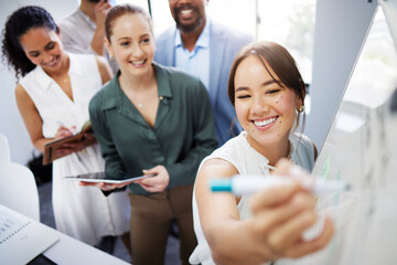 Meeting, whiteboard and business people in office brainstorming for project in collaboration. Planning, diversity and team of professional designers work on company strategy for startup presentation.