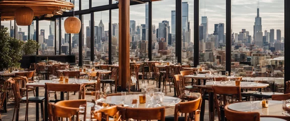 Foto op Plexiglas Restaurant terrace roof with tables and chairs overlooking the cityscape and skylines background © Nuwan Buddhika