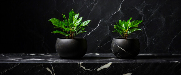 Empty table marble black countertop on black wall background. small plant pot in a table marble