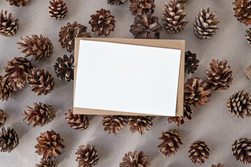 Winter seasonal aesthetic postcard mockup. Blank paper card and envelope on brown conifer cones, on...