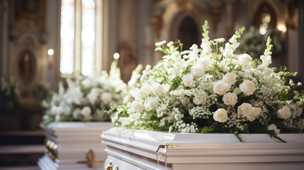 Closeup of modern Coffin in the church with fresh flowers, candles, funeral ceremony. Organization of funerals, farewell to the dead, funeral service. 