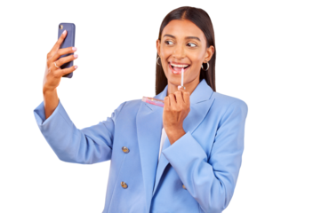 Isolated business woman, lipstick and selfie for makeup application, beauty and transparent png background. Entrepreneur, check lips and cosmetics with color, mouth and smile for social media post