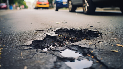 Hole in asphalt on road. Asphalted highway with cracks. Road repair, Damaged asphalt, Danger of road collapse.  - obrazy, fototapety, plakaty