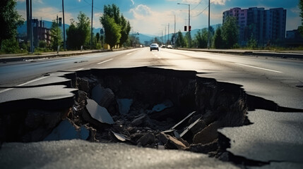 Hole in asphalt on road. Asphalted highway with cracks. Road repair, Damaged asphalt, Danger of road collapse. 