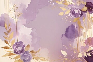 Purple and gold background for a menu with a minimalist and vintage style with ample blank space for text and descriptions. Watercolor style. Background for party, birthday, wedding or graduation.