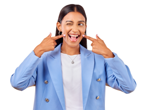 Fingers on cheek, smile and woman with confidence, funny and positive attitude isolated on a transparent background. Person, model and girl with dimples, silly and goofy with emoji, happiness and png