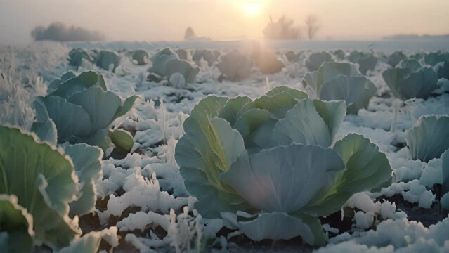 Field with frozen cabbage heads. Spoiled harvest of cole. Frosty weather. Ai generated.