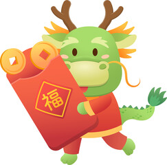 Playful and cute Chinese dragon character or mascot, mythological animal, vector cartoon character for Chinese New Year, translation: blessing