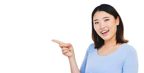 Asian woman, pointing and portrait with smile isolated on transparent png background for promo,...