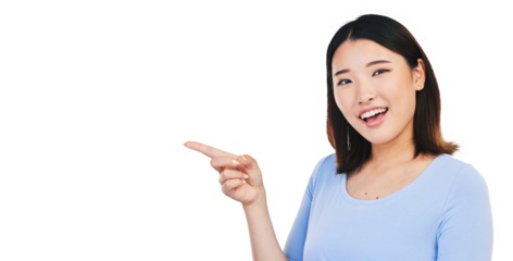 Asian woman, pointing and portrait with smile isolated on transparent png background for promo, news or review. Face of happy girl with announcement, opinion or feedback with choice, decision or vote
