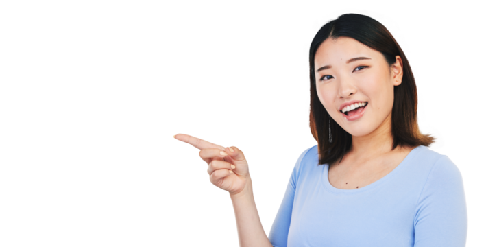 Asian woman, pointing and portrait with smile isolated on transparent png background for promo, news or review. Face of happy girl with announcement, opinion or feedback with choice, decision or vote
