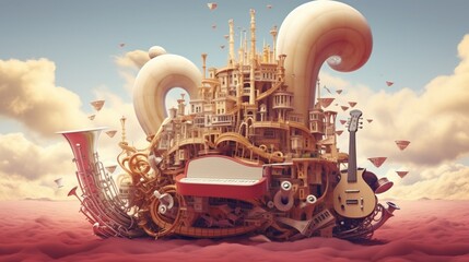 a surreal dreamscape with levitating oversized musical instruments