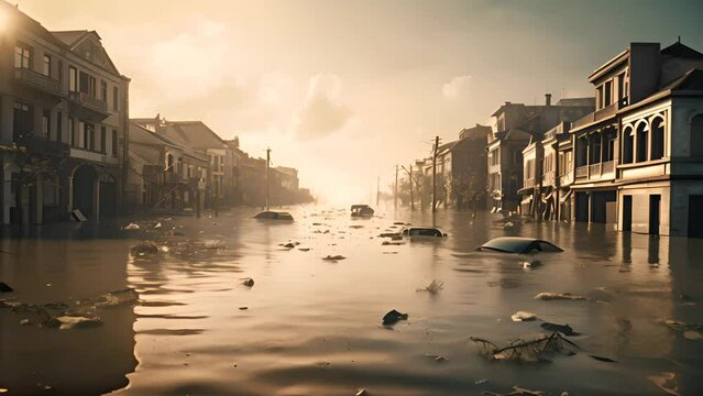 Natural disaster. Flood water in the city. AI generative.