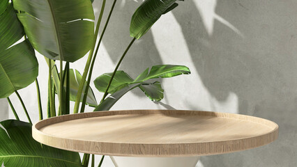 Round wooden podium table, green tropical banana tree plant in sunlight on gray wall. Luxury...