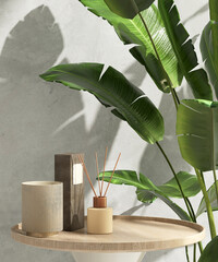 Round wooden podium table, aroma reed diffuser, tropical tree plant in sunlight on wall. Luxury...