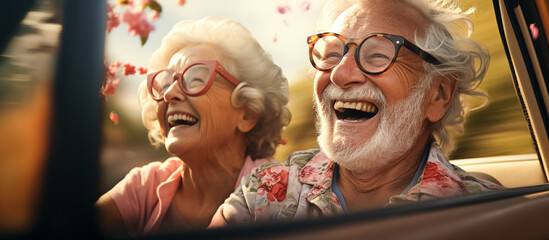 Happy senior couple having fun driving on car.Mature people enjoying time together during road trip tour vacation . Elderly lifestyle and travel culture transportation concept