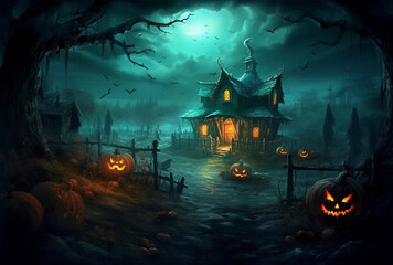 Fototapeta na wymiar Eerie Haunted House on a Spine-Chilling Evening Adorned with Glowing Halloween Pumpkins AI generated