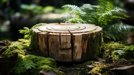 Fototapeta premium Tree cut by jigsaw for podium product display mockup in natural forest background. Natural product placement pedestal present minimal display concept.