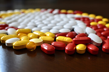 Pastillas blancas sobre la mesa o un escritorio, medicina de colores rojo y amarillo