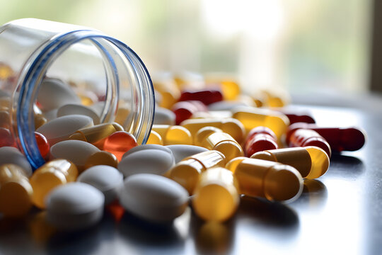 Frasco con medicamento pildoras sobre la mesa