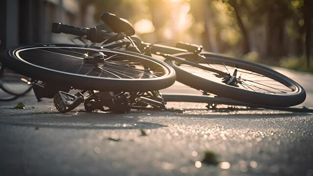 Road accident scene with destroyed bike. Bicycle crash on roadside. AI generative.