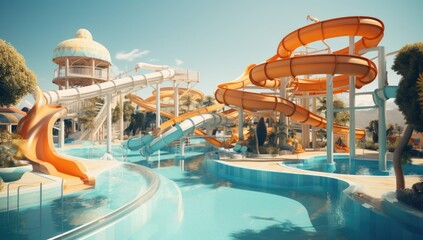Fototapeta na wymiar Summer water park, colorful water slides, swimming pools, palm trees.