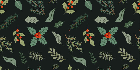 Winter seamless pattern with plants on a dark background