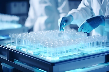 Probetas en laboratorio, plano a detalle de manos medicas con guantes manipulando las muestras