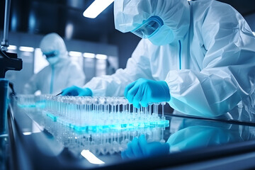 Medicos con traje de seguridad analisando muestras organicas de virus, germenes o enfermedades en un laboratorio