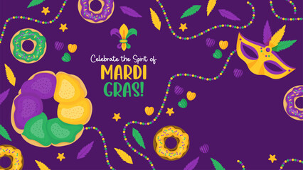 Mardi Gras carnival. Festive King Cake, baked, donuts with colorful icing, beads, necklaces, mask and feathers. Vector illustrations in cartoon style. Copy space. design for banner, flyer, card.