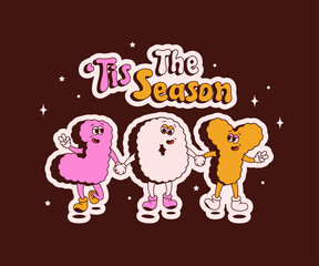 Christmas groovy mascot characters. JOY letters on bordo background.