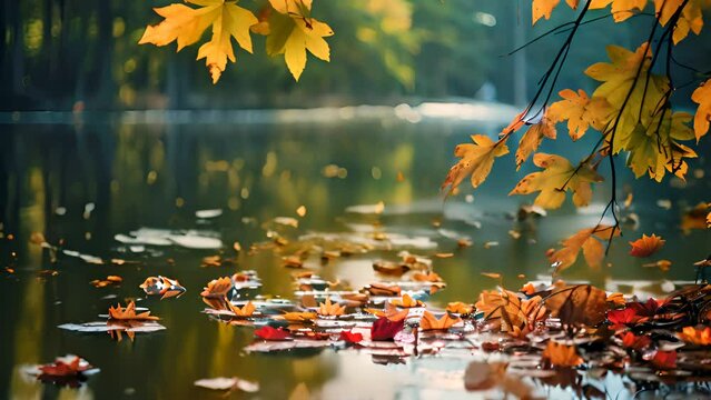 Autumn background with copy-space, yellow leaves and water surface. Ai generated.