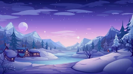 Poster Snowy cartoon small village landscape background, concept art, digital illustration © Badger