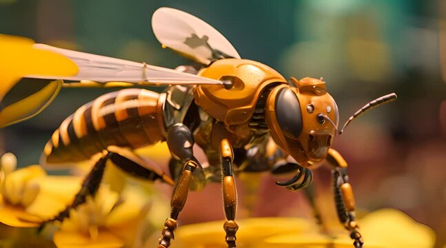 Robot bee collects nectar from flowers. AI generated.