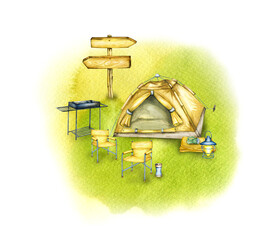 Hiking tent and fire in nature, field and mountains. Camping equipment, hand drawn watercolor illustration. Glamping tent, fire, outdoor recreation, barbecue and chair.