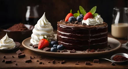 Fotobehang Indulgent gourmet dessert dark chocolate cake with whipped cream © Nisit