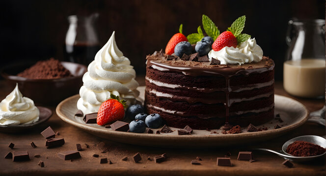Indulgent gourmet dessert dark chocolate cake with whipped cream