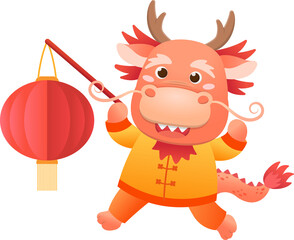 Playful and cute dragon character or mascot with lantern, Chinese mythological animal, Chinese New Year vector cartoon character