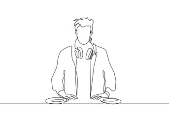 Male Dj Continuous One Line Drawing. Musician Trendy Minimal Illustration Black Sketch Isolated on White Background. Gay with Headphones Line Drawing for Minimal Design, Social Media. Vector EPS 10 