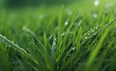 A natural green grass with water drops background.