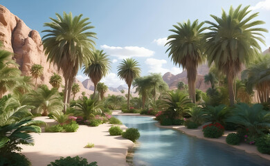 Fototapeta na wymiar Beautiful oasis with tropical plants in desert.