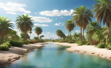 Beautiful oasis with tropical plants in desert.