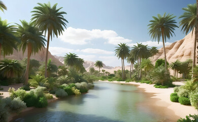 Fototapeta premium Beautiful oasis with tropical plants in desert.